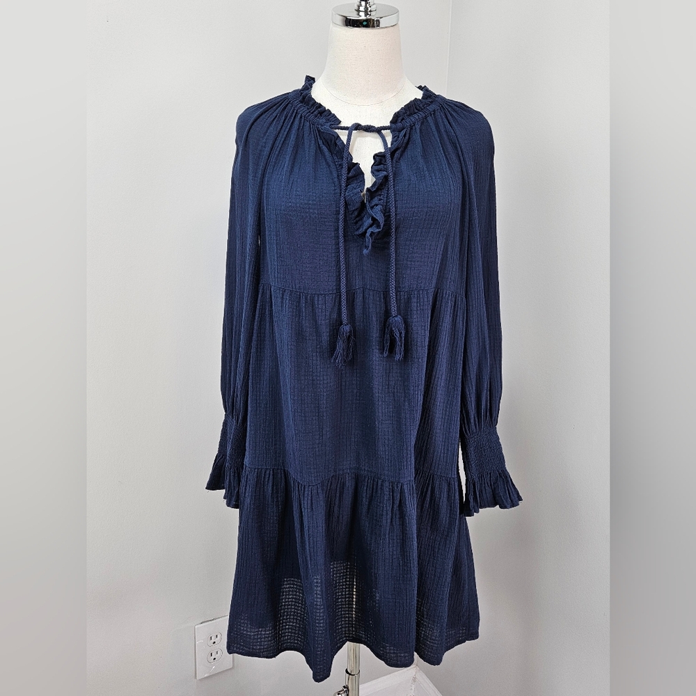 J Crew Womens Tunic Tiered Coverup Dress Xsmall Blue Smocked Sleeves Cotton
